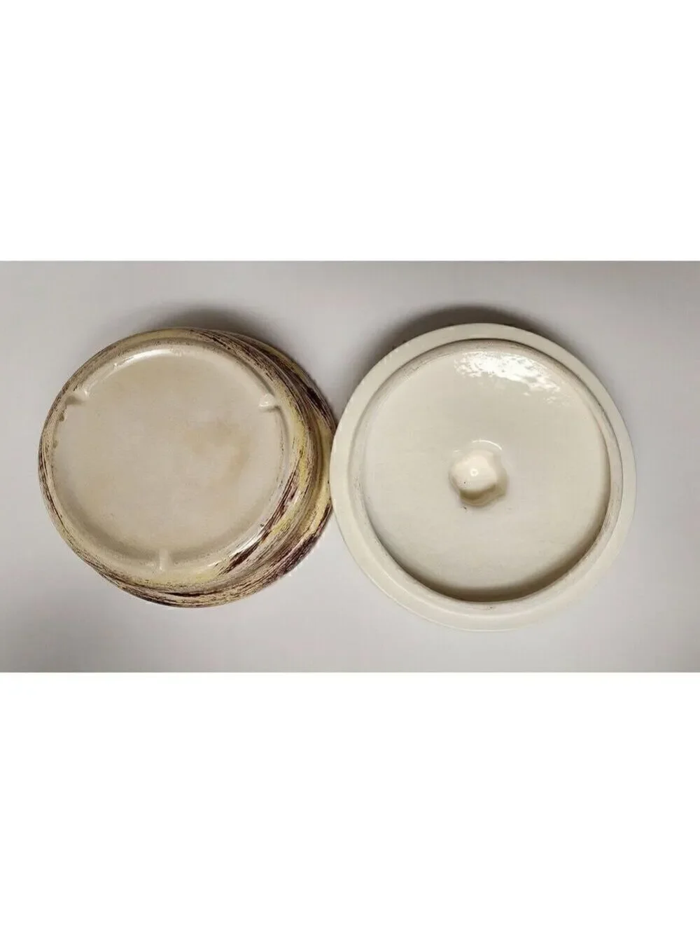 Vernonware Mid Century Brown, Ivory Yellow Ceramic Serving Dish w Lid 7x4.5